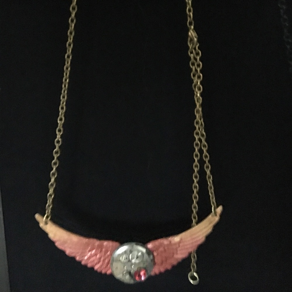 Red and Gold-toned Steampunk Wings Necklace - Picture 4 of 4